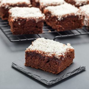 Homemade brownie with coconut flakes, swedish dessert Karleksmum